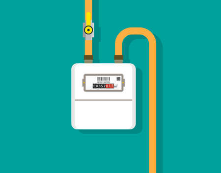 Gas meter. Gas measure counter with valve and pipe. Icon for control, economize and consumption at home. Smart panel for measurement energy in m3. Heating in house. Vector.のイラスト素材