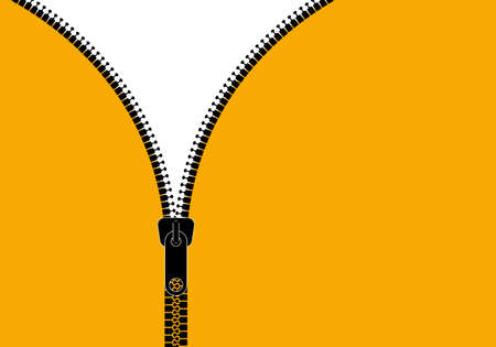 Open zipper. zip on cloth. Fastener with metal lock. Concept of unzip. Background for label, design, fashion. Open or close purse, pocket. pull lock. Vector.のイラスト素材