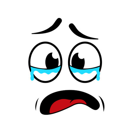Face cry. Icon of sad or cry emoji. Cartoon face with emoticon. Comic character with eyes, tears, mouth. Unhappy, pain crying human. Vector illustration.のイラスト素材