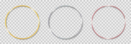 Gold round frame. Gold, silver and bronze rings. Luxury circle with glitter effect for wedding. Circular frames with light, flare and sparkle isolated on transparent background. Vector.のイラスト素材
