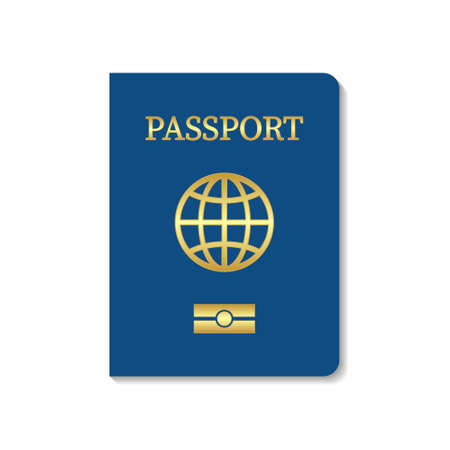 Leather passport cover with chip. Blue cover of passport citizen. Template of biometric international document. Golden globe. Icon for travel, citizenship and immigration. Vector.のイラスト素材