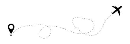 Airplane with trace and location pin. Plane route isolated on white background. Pathway flight aerolane. Aircraft location tracking in air travels. Aviation concept. Pointers air trips. Vector.のイラスト素材