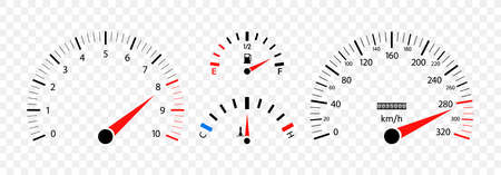 Car speedometer. Auto dashboard with gauge of speed, tachometer, odometer. Icons isolated on transparent background. Panel of meter of fuel, engine rpm and temperature. Sport car. Vector.のイラスト素材