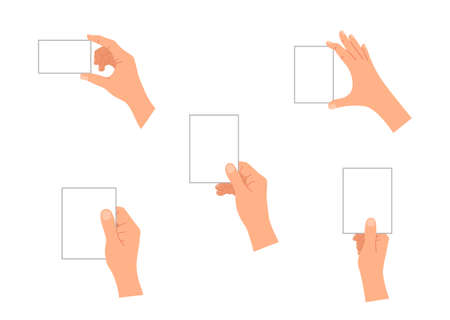 Hand hold business card. Hands with paper blank cards. Arms holding plastic credit card. Give and take. Icon for showing, presentation, meeting and identity. Cartoon vector illustration.のイラスト素材