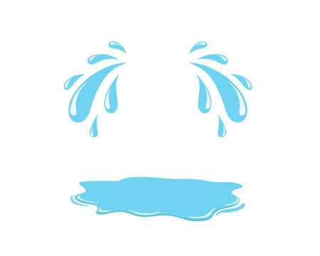 Tear drop with puddle. Sweat droplet with puddle. Cry icon. Cartoon tears. Blue falling raindrop. Water drips isolated on white background. Vector.のイラスト素材