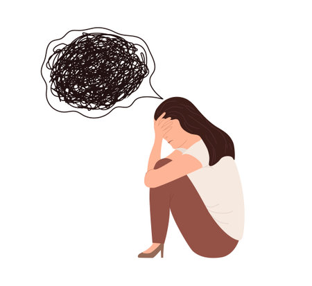 Woman in depression and has sad think. Woman in a sad and anxious state holding her head. Tired young girl with chaos in her mind. Vector illustration.のイラスト素材