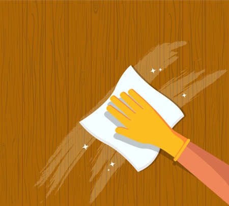 Hand clean of wooden table. Wipe with cloth wooden desk. Disinfect of surface at home and office. Rag microfiber in hand for cleanliness. Hygiene service. Vector.のイラスト素材