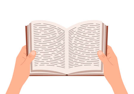 Hand holding open book. Student reading literature or encyclopedia. Design for library, bookstore. vector illustrationのイラスト素材
