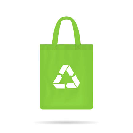 Fabric eco bag. Recycle and reusable ecobag. Canvas bag for shopping. Green ecobag. Green cotton tote bag with white recycle icon. Vector illustration.のイラスト素材