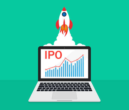 IPO. Business launch startup. Rocket of startup of enterprise. Stock market growth. Ipo concept. Chart in laptop. Public offering company. Icon of investment. New innovation product. Vector.のイラスト素材