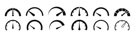 Speedometer icons. Speed gauges. Meters of speed for car. Indicator for dashboard of car. Tachometer, odometer for gauge of performance. Measure of internet speed. Vector.のイラスト素材