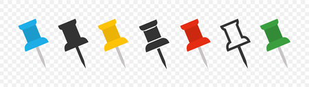 Pin icons isolated on transparent background. Pins for noticeboard and reminder. Thumbtack for bulletin, paper and office. Pushpin for notice. Flat icons. Vector.のイラスト素材