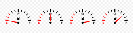Fuel gauge. Full, half level and empty tank. Guage meter of petrol and gas on dashboard. Gage gasoline in car. Set of icons for automobile isolated on transparent background. Vector.のイラスト素材