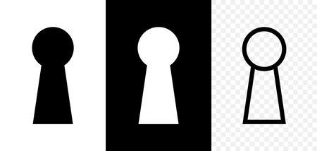 Keyhole icon. Door key hole. Shape of lock of door. Black, white and outline icons isolated on transparent background. Pictogram of keyhole. Logo for home and entrance. Vector.のイラスト素材