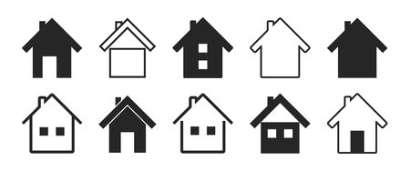 Home icon. Home icons isolated on transparent background. House button on web. Black symbols of homepage. Pictogram for mortgage. Simple modern silhouettes of buildings. Vector.のイラスト素材