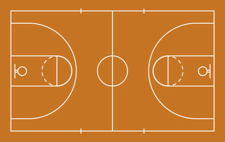 Basketball court. Basketball court floor with white lines. Mockup of basket ball field. Texture for sport gym. Top view of parquet for game. Vector.のイラスト素材