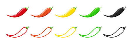 Chilli pepper meter icons. Outline of spicy, medium and low levels of pepper. Red, orange, yellow, green and black line icons. Vector.のイラスト素材