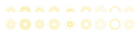 Sunburst lines. Yellow brush sunburst circles and half circles. Sparks and rays of stars and burst sun. Retro elements of sunshine. Icons of sunset or sunrise. Vector.のイラスト素材