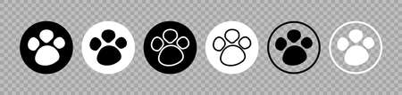 Paw dog print. Outline pawprint. Black and white icons isolated on transparent background. Cat footprint. Silhouette of paw pet print. Cartoon puppy. Animal illustration. Vector.のイラスト素材