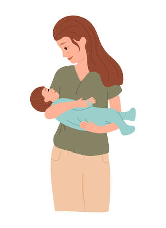 Happy mother holds a sleeping baby in her arms. Mom hugs with love her child. Beautiful woman hold her newborn son. Cartoon vector illustrationのイラスト素材