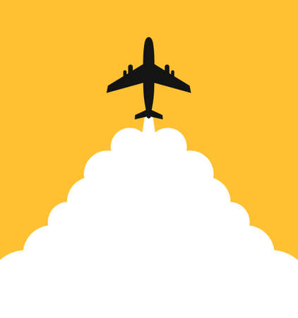 Plane with background for text. Takeoff airplane with white clouds and background for text. Abstract air path of flight airplane. Silhouette plane with route. Vector.のイラスト素材