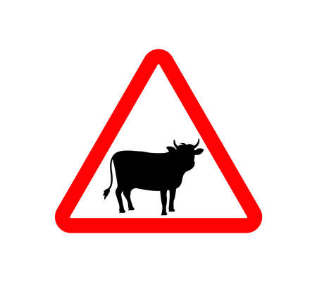 Traffic warning cattle sign. Traffic warning cow sign. Road near animal farm. Road car with livestock. Red triangle with bull icon. Roadsign isolated on white background. Vector.のイラスト素材