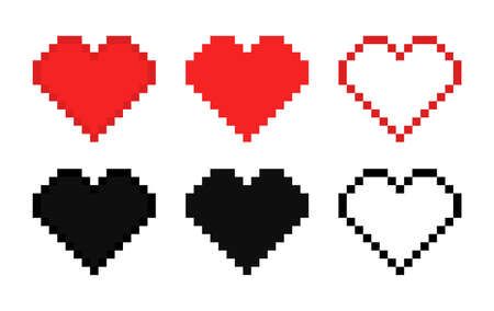 Pixel heart. Pixel heart icon. 8 bit game. Digital art for love, gamer and computer. Red and black...