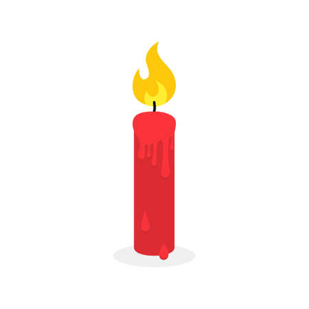 Candle icon. Wax candle with flame. Fire and light from candlelight. Red logo for memorial, christmas and church. Cartoon icon isolated on white background. Vector.のイラスト素材