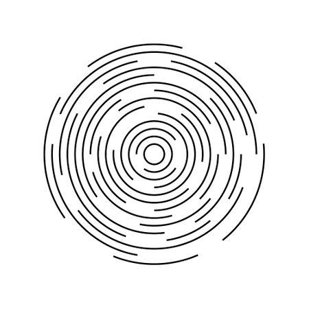 Concentric line circle. Round line pattern. Ripple circular shape. Circle of broken and shockwave. Vortex geometric sonar. Design graphic circle isolated on white background. Vector.のイラスト素材