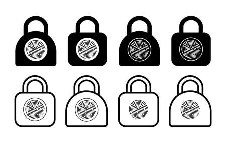 Lock with fingerprint. Padlock icons with fingerprints. Icons of protect, secure and identity. Biometric finger print with padlock. Privacy password for safe. Logo for verification and login. Vector.のイラスト素材