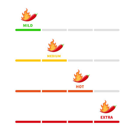 Pepper chilli meter. Level of spicy pepper. Mild, medium, hot and extra. Heat spice in food or sauce. Scale of meter of fire flame. Chili icon. Label and logo for scale, rating. Vector.のイラスト素材