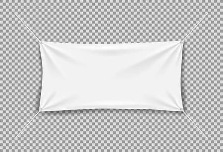 Fabric banner with rope. White canvas banner. Hanging textile flag with folds. Mockup of fabric poster with rope. Blank horizontal mockup of flag isolated on transparent background. Vector.のイラスト素材