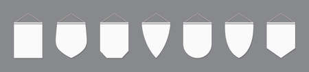 Pennants. White pennants and flags with rope. Hanging pennant mockup. Vertical fabric banner on wall. Set of canvas pennon with string. Blank templates for advertising, award and sale. Vector.のイラスト素材