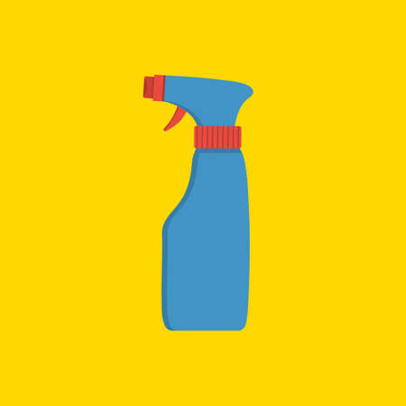 Bottle spray. Icon of bottle with disinfect. Can with alcohol cleaner. Plastic can for water, soap and disinfectant. Antiseptic for wash and clean. Atomizer in flat style. Vector.のイラスト素材