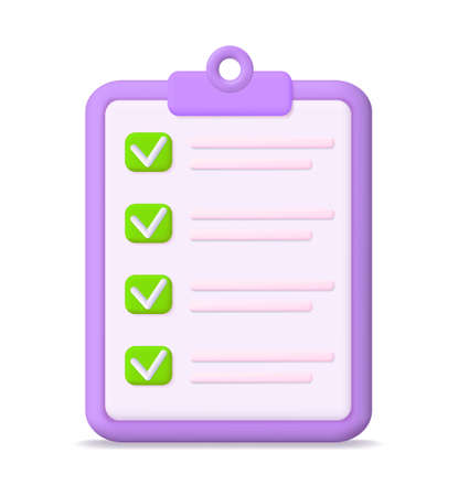 Checklist icon. 3d task document. Check list for note. Paper with form on board. Clipboard with marks. Checkbox for office, contract, test and questionnaire. Ticks for schedule. Vector.のイラスト素材
