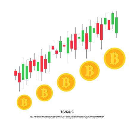 Crypto currency investment. Graph of trading. Increase and growth bitcoin. Candle chart for trade. Analysis of revenue, price and market. Coin with green and red candlestick. Vector.のイラスト素材