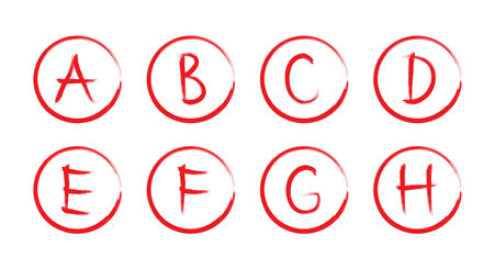 Letters in circles. Handwriting red markers. Icons with a, b, c, d, e, f, g, h. set for grade, school, college and education. Sketch for teacher, exam or test. Hand drawn symbols. Vector.のイラスト素材