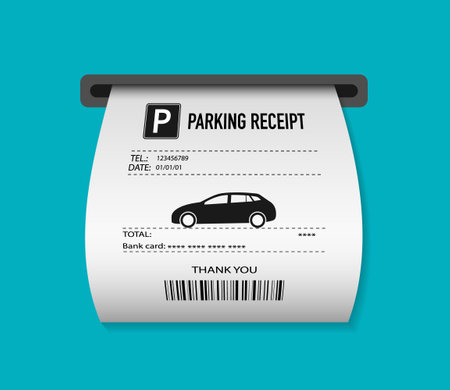 Parking ticket for car. Paper receipt in pay machine on exit. Pos terminal before barrier, for payment of bill or tax. Icon of invoice for park zone. Vector.のイラスト素材