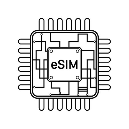 Esim icon. Embedded sim card with chip. Gsm internet technology. Concept of smart network and communication. E-sim for smartphone and mobile operator. Device of wireless connection. Vector.のイラスト素材