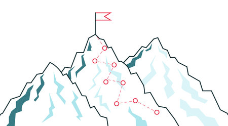 Mountain climbing route. Journey path to success in achieving the goal. Reach to peak of rock. Business vector concept.のイラスト素材