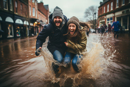 Couple having fun in a flooded street - Happy people having fun in the rainの素材