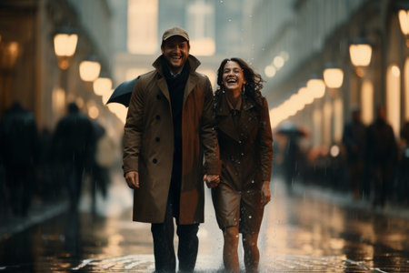 Full length portrait of happy African American couple in raincoat and cap walking in the street at rainy day.の素材