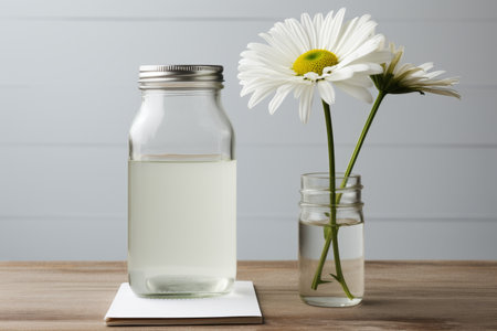 Bottle of essential oil and daisies on wooden table, closeupの素材