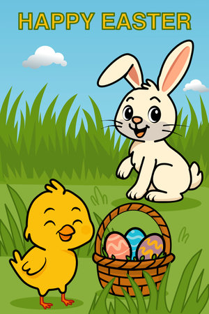 Easter card with rabbit and chick in the grass, vector illustrationのイラスト素材