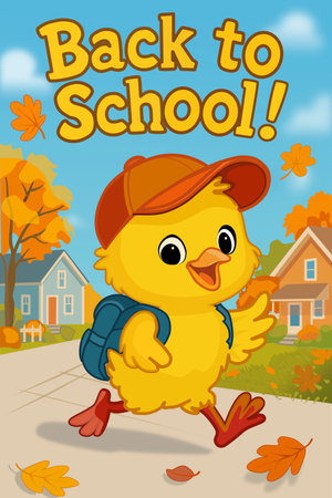 Back to school card with a cute little chicken. Vector illustration.のイラスト素材