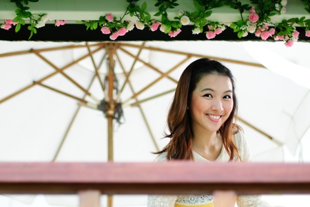 Woman in gardenの写真素材