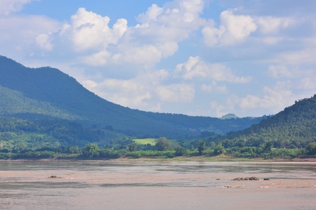 landscape  river water stone mountain tree nature blue skyの写真素材