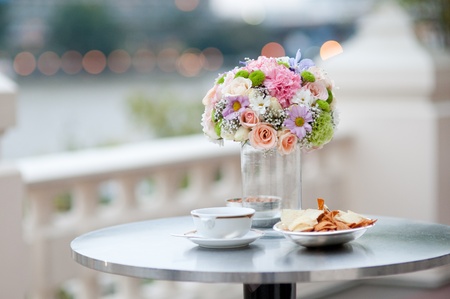 Beautiful pink flower with snacks in wedding eventの写真素材