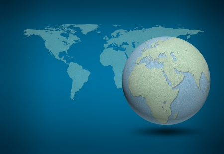 World map and earth globes by cork board on blue backgroundの写真素材
