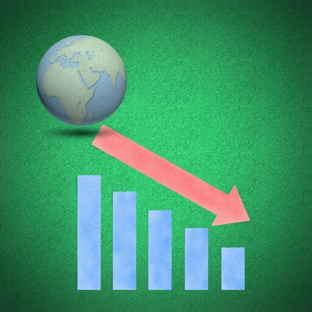 Arrow graph decrease globes concept on green background by cork boardの写真素材